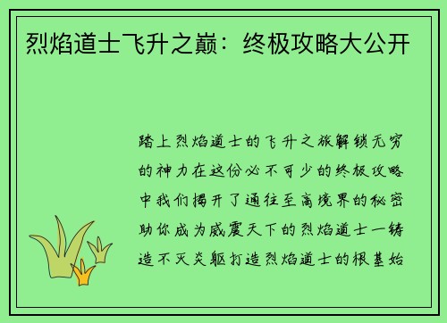 烈焰道士飞升之巅：终极攻略大公开